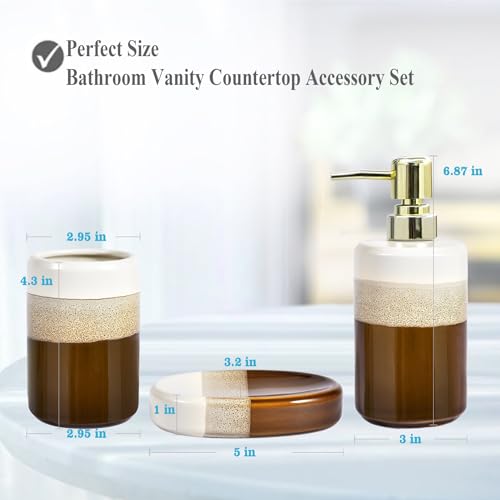 Bathroom Accessories Set of 3, Natural Reactive Glaze Ceramic Bathroom Sets Complete-Toothbrush Holders, Soap Dispenser, Soap Dish, Luxury Bathroom Decor, Bathroom Countertop Organizer, Brown Gold - size: BrownWhite3pcs