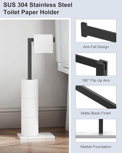 Free Standing Toilet Paper Holder Stand Matte Black SUS 304 Stainless Steel Rustproof 22 Inch Rotating Bathroom Tissue Roll Holder for 4 Rolls with Marble Base - color: Matte Black