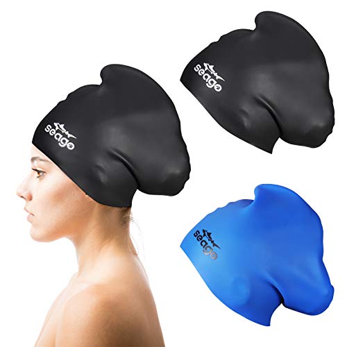 Swim Cap Long Hair 2 Pack Swimming Caps for Women Silicone Swim Caps Keep Hair Dry Waterproof Comfortable Flexible Durable Bathing Cap Tear-Proof Design Large Women Adult Swimming Cap 10+ Years Girls - color: Black & Blue