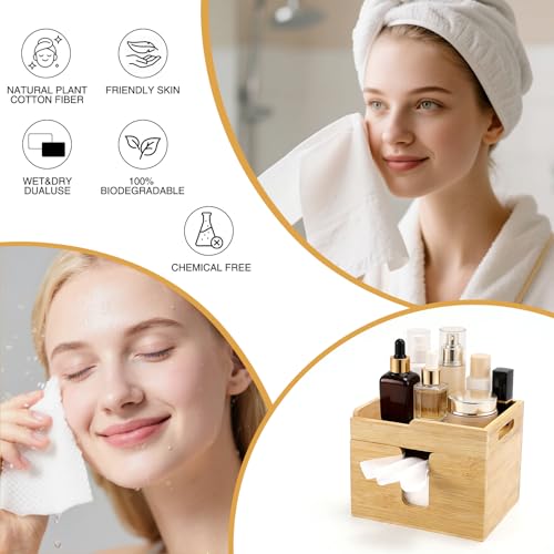 Bamboo Disposable Face Towel Holder with 2 Glass Jars - Open-Top Skincare Organizer for Facial Cleansing Wipes & Beauty Essentials - Bathroom Countertop Vanity Organizer - color: Face Towel Holder With 2 Glass Jars