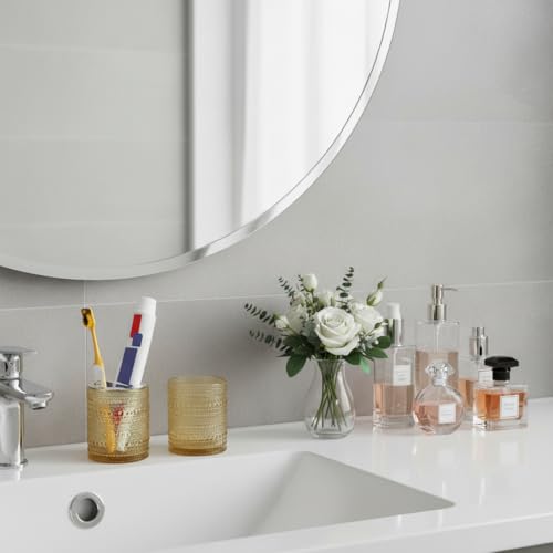 Amber Toothbrush Holders for Bathrooms, Glass Toothbrush Holder with 2 Slot Divider, 10oz Bathroom Tumbler and Mouthwash Cup, Tooth Brush Holder for Brushes, Toothpaste - color: Amber