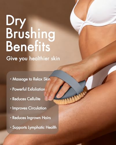 Dry Brushing Body Brush for Massage - Natural Boar Bristle Exfoliating Brush with Massage Nodes for Lymphatic Drainage, Cellulite, Blood Circulation Improving Skin Health for Women Men Elderly(Grey) - size: Round 4.3 in-Grey