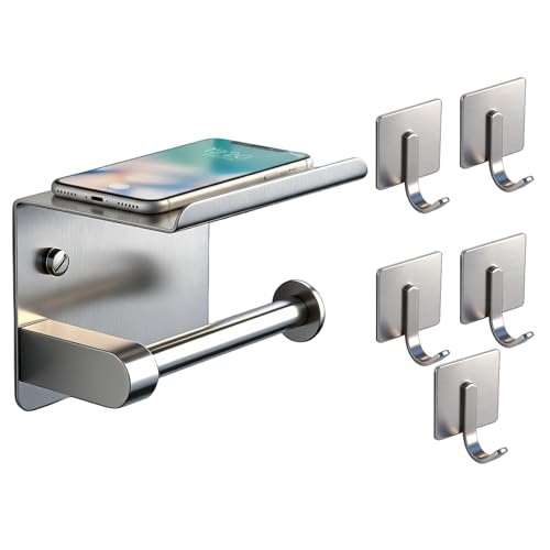 Toilet Paper Holder with Phone Shelf, Adhesive or Screw Wall Mount Toilet Tissue Roll Holder with 5 Stainless Hook,Rustproof and Bathroom Washroom Tissue Roll Holder with Storage Shelf - Silver
