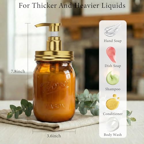 Amolliar Plastic Mason Jar Soap Dispenser with Pump Lid,16OZ Refillable Hand Soap Dispenser Set with Cute Lables - Farmhouse Decor for Kitchen Bathroom, Liquid Soap, Dish Soap, Lotion (2 Pack, Amber) - color: Amber Jar With Gold Pump