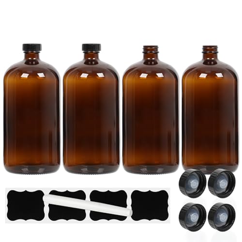 STARSIDE 4 Pack - 1 Liter 32 oz Amber Glass Boston Round Bottles with Air Tight Seal Phenolic Poly Cone Caps. Perfect Glass Containers for Secondary Fermentation,Storing Kombucha,Brewing and Juicing - size: L-32OZ-4pack