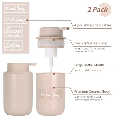 BosilunLife Foaming Soap Dispenser Set - Khaki Ceramic Foam Hand Dispenser 12oz Soap Dispenser Set with Rust Proof Pump, 4Pcs Clear Stickers for Kitchen, Bathroom - 2 Pack - color: Khaki-foam Pump