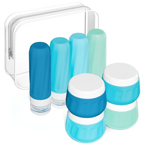 Mrsdry Travel Size Toiletries 8 Pack, TSA Approved 3oz Silicone Squeeze Bottles & Cream Jars with Clear Travel Bag - color: Blue, size: 3oz bottle 3oz jar