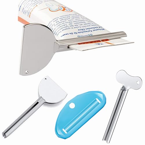 4 Pack Toothpaste Tube Squeezer Set, 2 Stainless Steel Metal Tube Wringers + 2 Hangable Plastic squeezers, Bathroom Toothpaste Key for Cream, Hair Dye, Paint, Reduce Waste Tool