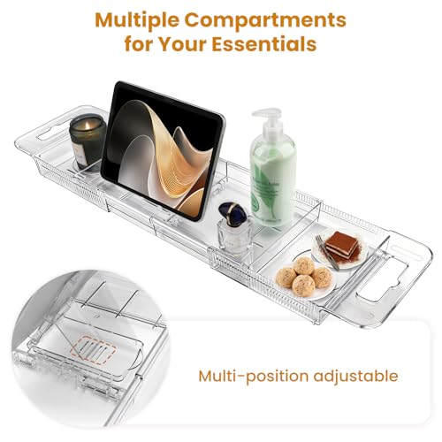 Foldable Bathtub Tray, Expandable to 80cm Acrylic Bath Tray for Tub, Bath Tub Tray Shower Storage Rack, Bath Table Trays for Bathtub (Transparent Bathtub Tray) - color: Transparent Bathtub Tray