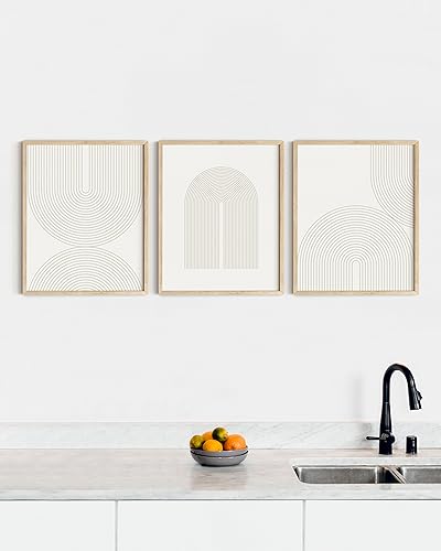 HAUS AND HUES Boho Wall Art - Set of 3 Frameable Mid Century Modern for Living Room, Minimalist Beige Art, Line Decor, Light Arches Poster with Beige Frame, 12x16 - color: Neutral Double Arch, size: 12"L x 16"W, style: Beige Framed