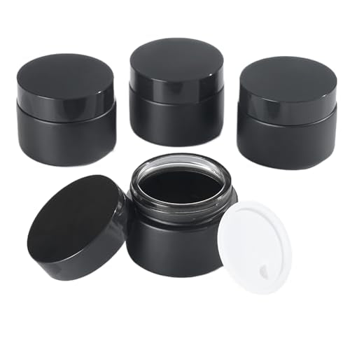 OverNews 4PCS 2oz Glass Jar Travel Size, Empty Cosmetic Lotion Container with Black Lid & Spatula, Small Mini Jar for Beauty (Black) - color: Black, size: 4