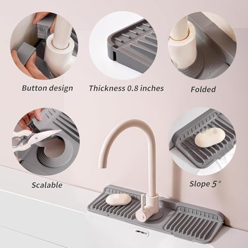 Folding Faucet Mat for Kitchen Sink Upgraded Premium Silicone Splash Guard with Fast Drying Properties Protective Sink Tray Ideal for Stone Sinks in Kitchen & Bathroom (Gray, 14.5"x5.5") - color: Gray, size: 14.5" x 5.5"
