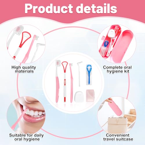 7-in-1 Travel Oral Care Kit with Case – Toothbrush, Tongue Scraper, Wisdom Toothbrush, Dental Floss, Floss Threaders, Interdental Brush, Dental Wax, Portable Hygiene Set for Daily Use Travel (Pink) - color: Pink