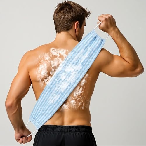 Yiclick Dual-Textured Exfoliating Washcloth Towel - Back Scrubber for Use in Shower Bath, Exfoliating Body Scrubber Exfoliator, Japanese Exfoliate Loofah Lufa Sponge Wash Cloth for Women Men - color: Sky