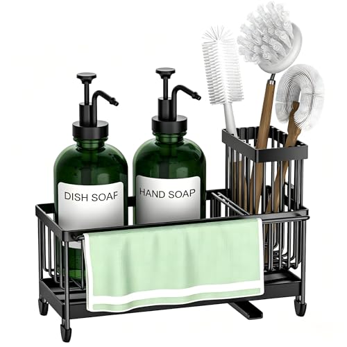 Kitchen Soap Dispenser Set with Sponge Holder and Towel Rack, 17OZ Glass Bottle, Hand and Dish Soap Dispenser Set, Non-Slip Silicone Pad, Brush Holder, Kitchen Sink Caddy Organizer Countertop (Green) - color: Green