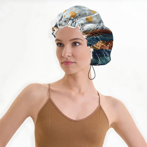 Luxury Shower Cap Satin Lined Reusable Waterproof Double Layer Elastic Adjustable Hair Bath Cap Cute Aesthetic Women Girls-Mountain - color: F18-Mountain