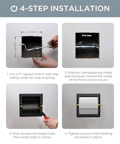 FORIOUS Recessed Toilet Paper Holder, Stainless Steel Durable Tissue Roll Holder Wall Mount for Bathroom Space Saving Design with Mounting Bracket, Wall Square Toilet Paper Dispenser, Black&Gold - color: Black&gold