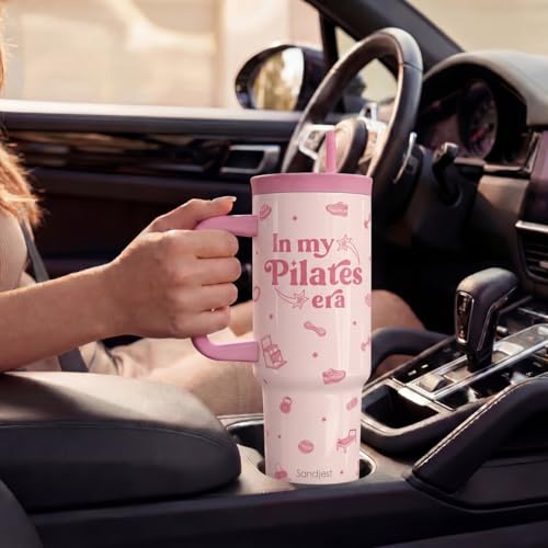 SANDJEST Pilates Stainless Steel Locking Lid Silicone Straw Tumbler with Handle 40oz, in My Pilates Era Insulated Stainless Steel Travel Cup for Women Coach Trainer, Gift Idea for Birthday Christmas - color: Pilates