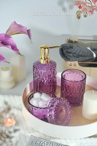 LaMrriti Purple Bathroom Accessories Set 5 Pcs, Glass Bathroom Set, Soap Dispenser and Toothbrush Holder Set, Q-tip Holder Set, Crystal Glass Vintage Bathroom Sink Set, Cute Bathroom Decor - style: Purple