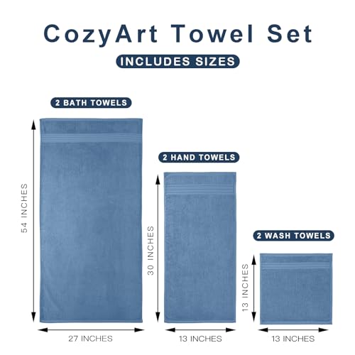 COZYART Denim Blue Bath Towel Set, Turkish Cotton Hotel Large Towel Bulk for Bathroom, Thick Bathroom Sets of 6 with 2 Bath Towels, 2 Hand Towels, 2 Washcloths, 650 GSM - color: Denim Blue, size: 6 Piece Towel Set