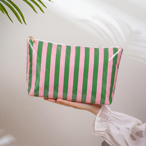 RSRSLEII Large Waterproof Travel Stripe Makeup Bag,Aesthetic PVC Toiletry Bag,Coquette Cosmetic Bag Organizer,Cute Preppy Carry-on Travel Accessories Essentials for Women Girls(01Pink Green) - color: 01Pink Green