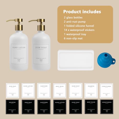 Soap Dispenser Bathroom - Kitchen Dish and Hand Soap Dispenser Set, Glass Bathroom Soap Lotion Dispenser with Pump, Tray, 14 Waterproof Labels, Set of 2 White Bottle/Gold Pump-pd - color: White Bottle/Gold Pump + Tray