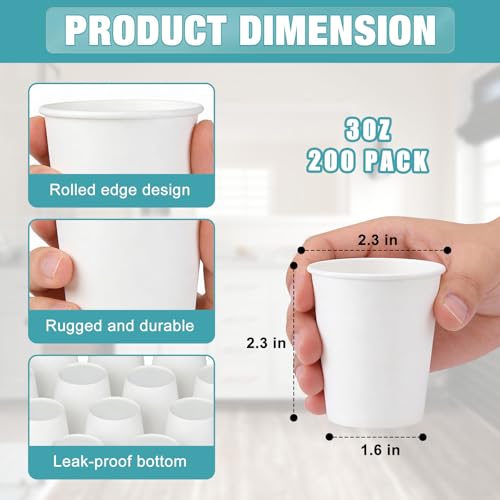 200 Pack 3 oz Paper Cups - Disposable Bathroom Cups for Mouthwash, Rinsing, & Dental Care | Also Ideal as Small Coffee Cups, Espresso Cups | Sturdy Paper Construction, Leak Resistant - size: 200pack