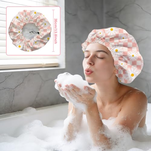Pink Daisy Reusable Shower Cap Buffalo Check Double Layer Waterproof Shower Caps Large Elastic Hair Cover Adjustable Hair - Drying Caps for Woman Bath SPA Travel One Size Fits Most - color: Pink Daisy