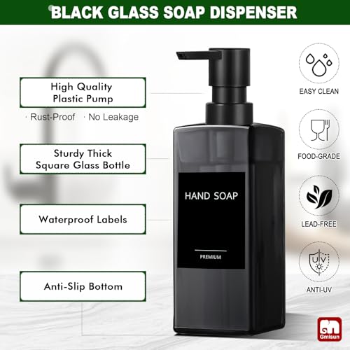 GMISUN Dish Soap Dispenser for Kitchen, 12 fl oz / 350 ml Dual Kitchen Soap Dispensers with Sponge Holder, Transparent Black Glass Kitchen Soap Dispenser Set, Modern Hand and Dish Soap Bottle Set - color: Clear Black Bottle + Black Rack
