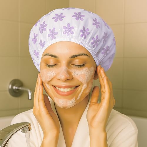 Reusable EVA Shower Caps Trio – Water-Resistant Bath Caps for Women, 3-Piece Hair Cover Set (Red/Blue/Purple Snowflake Style) - color: (Red+Blue+Purple Snowflake