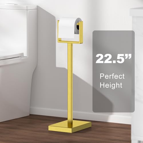 Brass Gold Toilet Paper Holder Stand，Stainless Steel Toilet Paper Holder Free Standing，Stable Weighted Base Floor Tissue Roll Holder for Bathroom，Modern Pivoting Toilet Paper Stand - color: Brass Gold