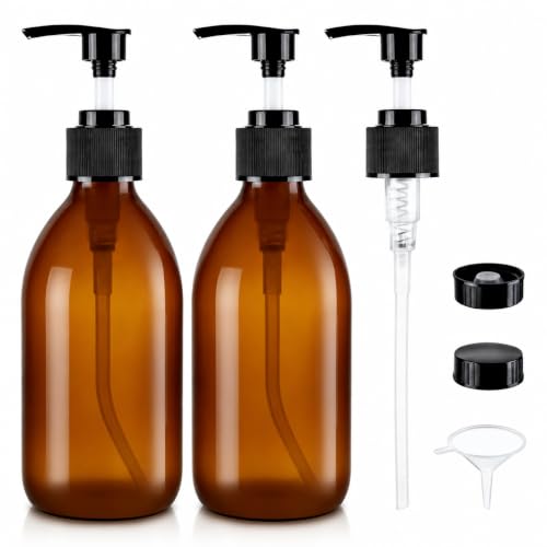 8 oz Amber Glass Pump Bottle, 250ml Glass Soap Dispenser Bottle for Body Lotion Massage Oil, Refillable Empty Hand and Dish Soap Dispensers Set with Labels - 2 Pack - color: Amber