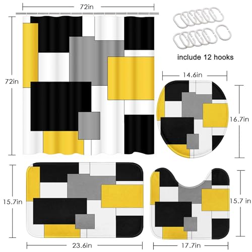 Yellow Geometric Shower Curtain Set with Toilet Lid Cover and Non-Slip Rugs for Bathroom, Black White Grey Checkered 4 Pcs Shower Curtain, Modern Abstract Bathroom Set with 12 Hooks - color: Abstract Geometric Yellow