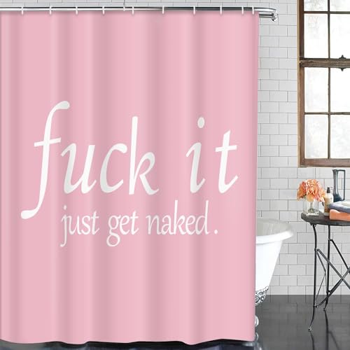 ArtSocket 3 Pcs Shower Curtain Set with Rugs, Pink Funny Get Naked Bathroom Set with Non-Slip Rug Bath Mat and 12 Hooks 72x72 inches - color: Pink Funny Quotes