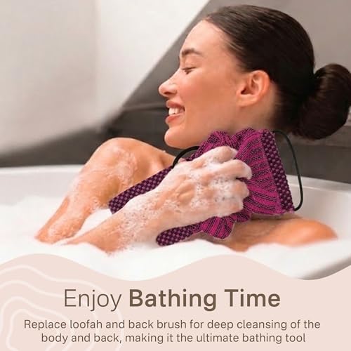 Yiclick Dual-Textured Exfoliating Washcloth Towel - Back Scrubber for Use in Shower Bath, Exfoliating Body Scrubber Exfoliator, Japanese Exfoliate Loofah Lufa Sponge Wash Cloth for Women Men - color: Magenta