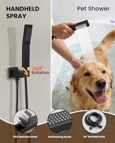 gotonovo Shower System with Tub Spout,Waterfall Tub Shower Faucet Set for Bathroom Head and Handle Set Wall Mounted 3 Function Rough-in Valve and Trim Included 10 inch Shower Head Oil Rubbed Bronze - color: Oil Rubbed Bronze, size: 10 inch Shower Head