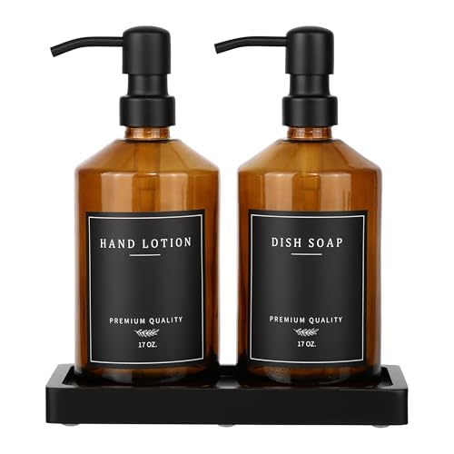 Amber Glass Soap Dispenser, Bathroom Hand Soap Dispensers with Stainless Pump, 17 Oz Kitchen Hand and Dish Soap Dispenser Set, Modern Liquid Soap Lotion Dispenser (Amber Bottle/Black Pump) - color: Amber Bottle + Black Pump