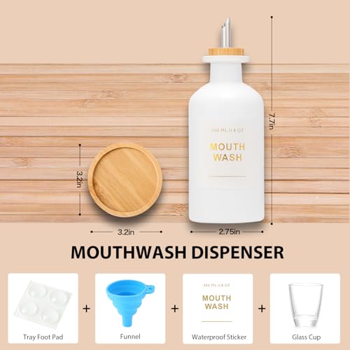 11.8OZ Mouthwash Dispenser for Bathroom with Bamboo & Stainless Steel Pour Spout, Mouthwash Cup Reusable, Bamboo Tray, and Elegant Gold Label. （White - color: White/350*1