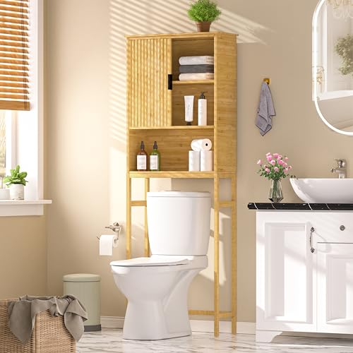 Yardenaler Over The Toilet Storage Cabinet with Fluted Doors, Bathroom Over Toilet Rack with Adjustable Shelf Bamboo FreeStanding Space-Saving Storage Organizer, Natural - color: Natural(fluted Doors)