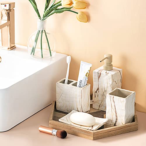 RQYIXI Bathroom Accessories Set 4 Pieces Toothbrush Holder Soap Dispenser Ceramic Bathroom Decor Set Contain Toothbrush Cup Soap Dish Tumbler Marble Brown - color: Brown