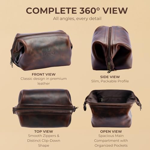 NomadCraftsCo. Premium Leather Travel Toiletry Bag for Men and Women, King-Size Dopp Kit with Waterproof Lining, Mens Toiletry Travel Bag - color: Brown