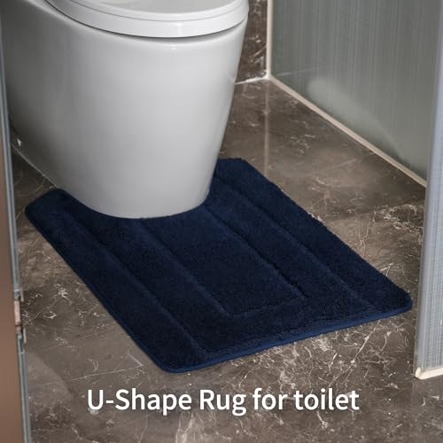 Bathroom Rugs Sets 3 Piece, with 20" x 28" U-Shaped Toilet Rug, Ultra Absorbent and Super Soft Touch, Non-Slip, Microfiber Plush,Rectangular Pattern, Quick Dry Bath Mats for Bathroom, Tub, Bedroom - color: Navy Blue