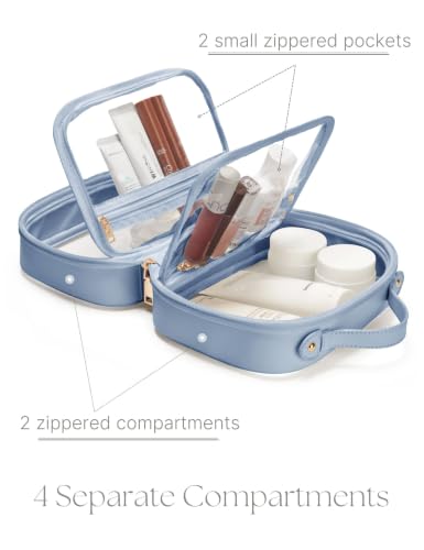 Clear Cosmetic Bag Double Layer Travel Toiletry Bag Clear Makeup Bag Case with 4 Compartments, Transparent Travel Bag for Toiletries, Large Toiletry Bag for Women Cosmetic Case (Dusty Blue, Large) - color: Dusty Blue, size: Large