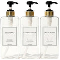 Modern Gold Design Shampoo and Conditioner Dispenser, Large 27oz Shower Soap Dispenser, Set of 3 Refillable Empty Plastic Pump Bottles for Bathroom (6 Waterproof Labels Included), (Clear & Black) - color: Clear & Black