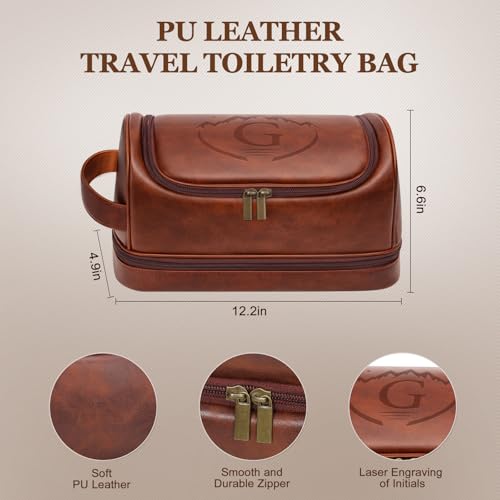 Customized Gifts Travel Leather Toiletry Bag for Mens, Engraved Name Initial PU Leather Waterproof Large Shaving Bag with Hooks, Unique Birthday Gifts for Him Men Dad Son Brother,G - style: G