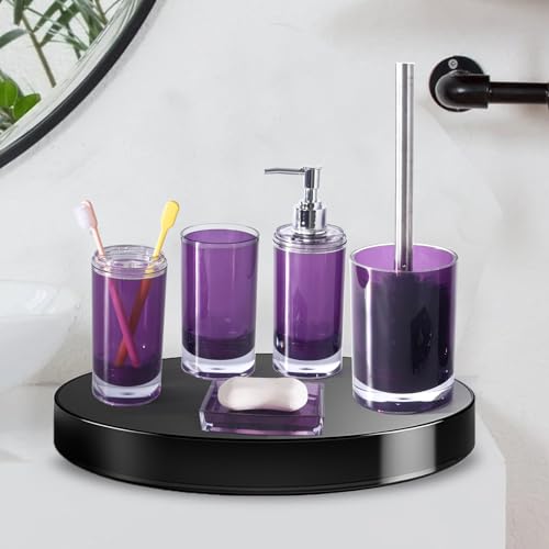 5 Pcs Purple Acrylic Bathroom Accessories Set Complete,Lotion/Soap Dispenser,Soap Dish,Toothbrush Holder, Tumbler,Toilet Brush and Holder,Modern Bathroom Decor and Housewarming Gift Set (Dark Purple) - color: Dark Purple