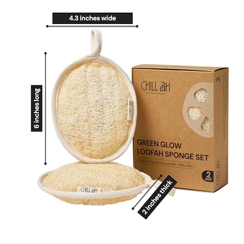 Chill Ah Green Glow All Natural Exfoliator Dual Sided Loofah Bath Sponge Set – 100% Plant-Based, dye-Free, Biodegradable, Scratch-Free, Handcrafted in Vietnam (2-Pack)