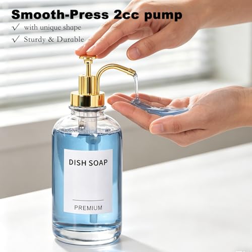 Dish Soap Dispenser for Kitchen, Hand Glass Soap Dispenser Set with Pump, Tray, Funnel for Bathroom, Shower, Laundry, Liquid, Lotion (Gold 2 Pack 18 Oz Clear Bottles with 12 Stickers) - color: Gold, size: 18Oz