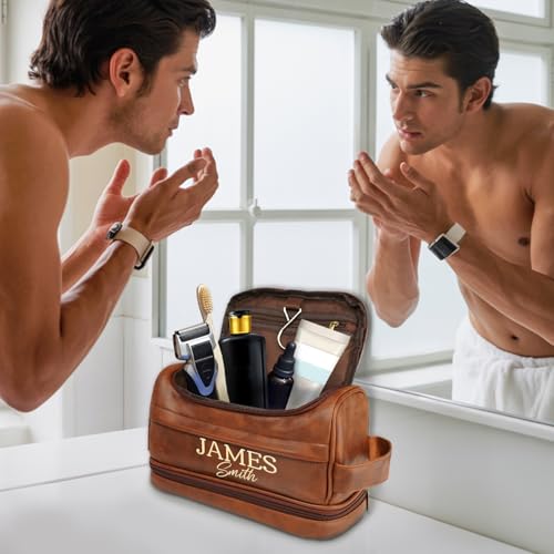 Personalized Toiletry Bag for Men Birthday Anniversay Gifts, Custom Toiletry Bag, Engraved Leather Travel Shaving bag, Ideal Gifts for Him, Husband, Boyfriend, Son, Groomsmen, Grandfather, Friend - color: Brown-Birthday