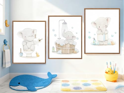 Framed. Set of three prints for bathrooms. An elephant in my bathroom wall art. Canvas Print. Funny kids Bathroom home decor. 8x10 inch. - color: X, size: 10"L x 8"W